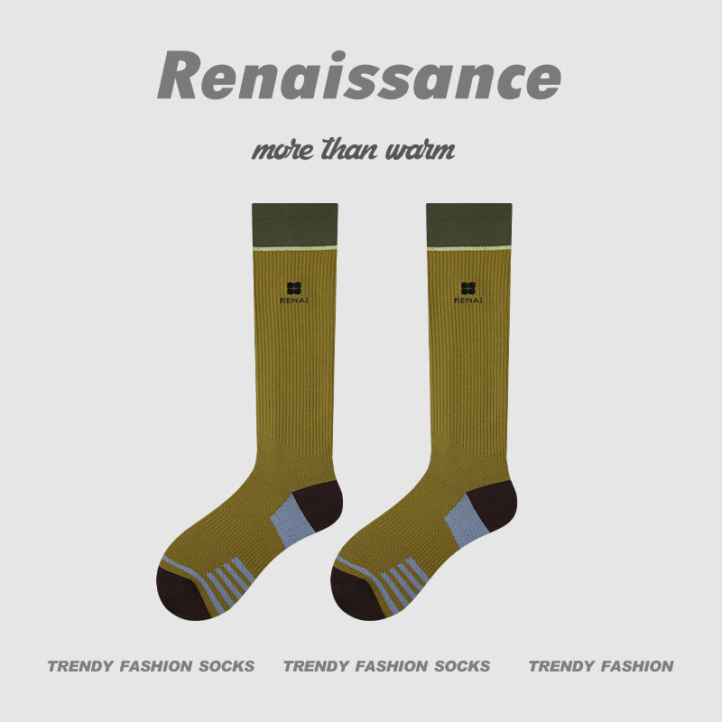 Thin Compression Running Socks for Women, olive with blue heel stripe and dark toe
