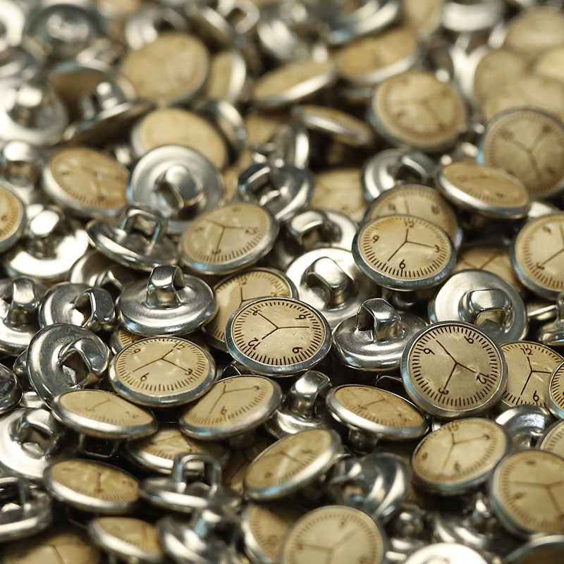 Clock face coconut shank button, round, silver base, Roman-style numbers