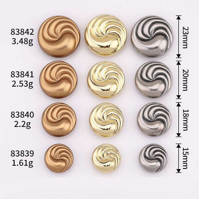 Spiral textured metal shank buttons size chart: codes 83842, 83841, 83840, 83839