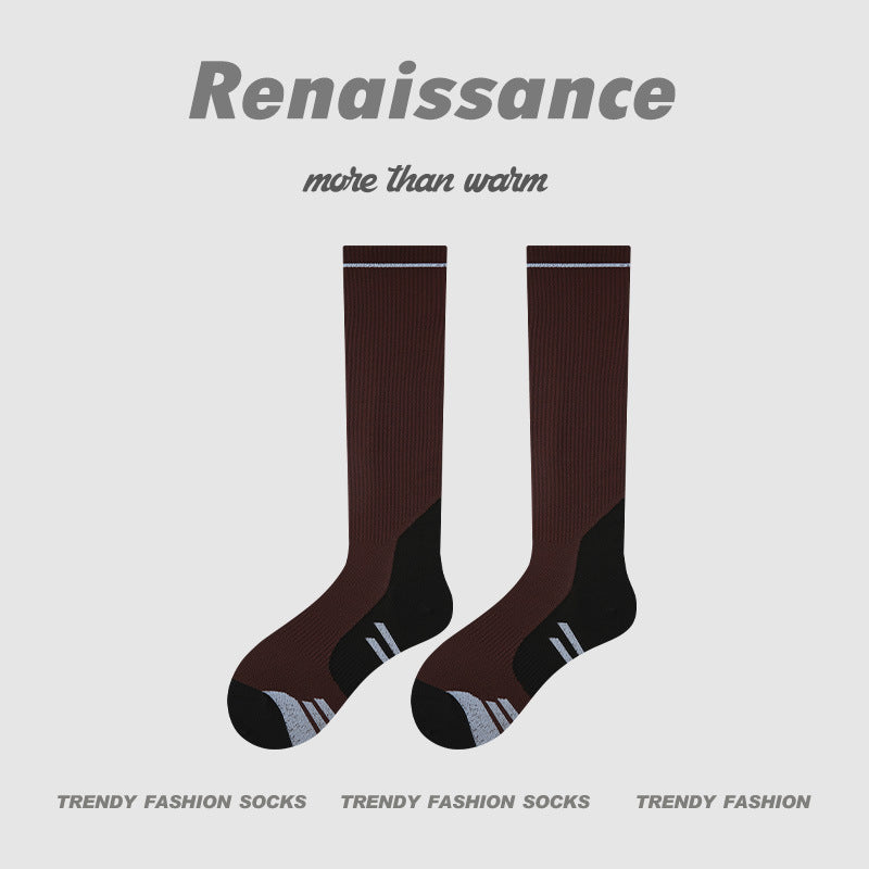 Burgundy compression running socks with black toe and white stripe cuff