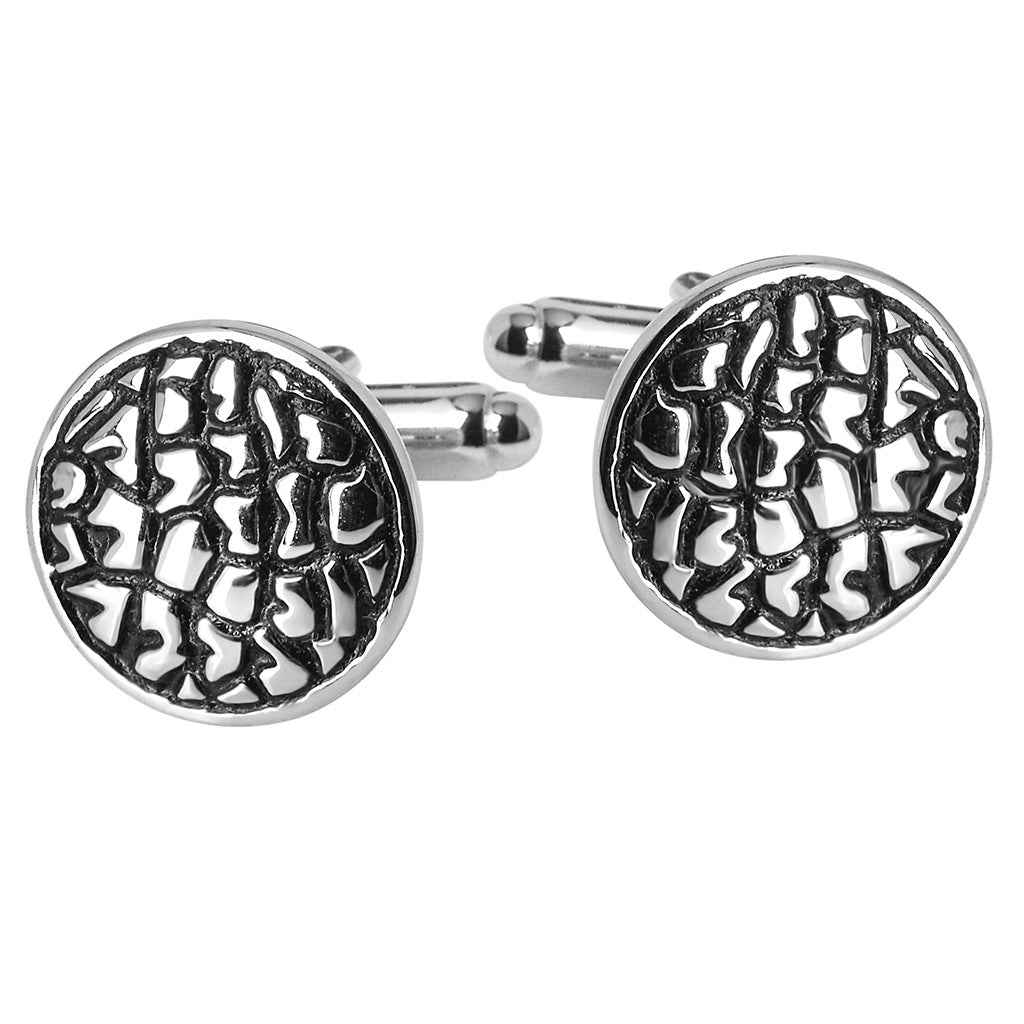 Vintage black oil-rubbed round men's cufflinks with swirling textured enamel pattern
