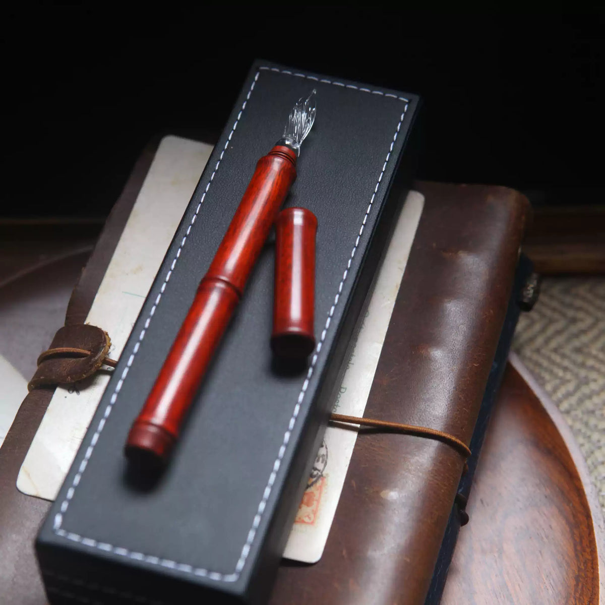 Classic Wooden Dip Pen with Glass Nib – Natural Wood Barrel in Walnut Brown, Cherry Red & Ebony Black