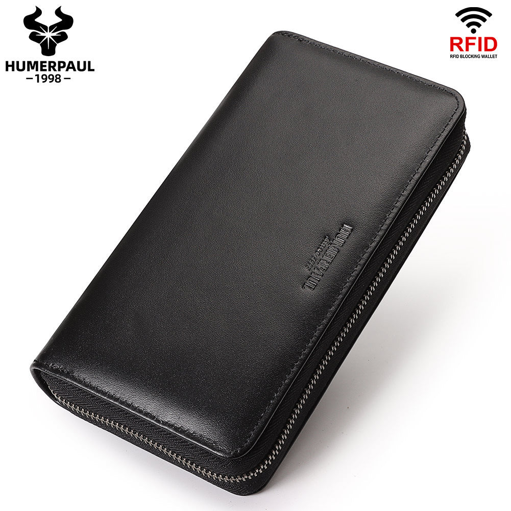 Men's RFID Long Leather Wallet – Full Grain Cowhide Zip Clutch Black