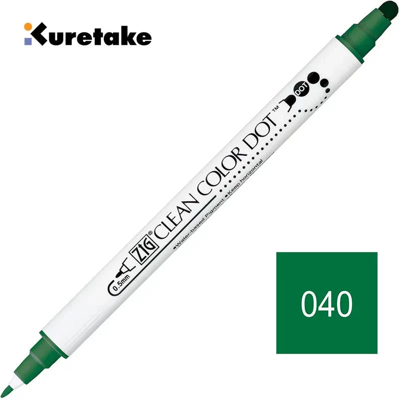 Kuretake ZIG Clean Color Dot TC-6100 – 2-Pack | Dual-Tip Dot & Brush Watercolour Marker | Journal / Illustration / Hand-Lettering | Japan Kuretake 040 Green