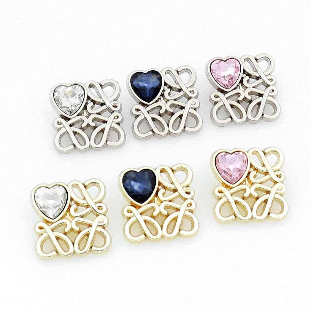 Square filigree metal buttons with heart glass: blue and clear heart, 48-pack