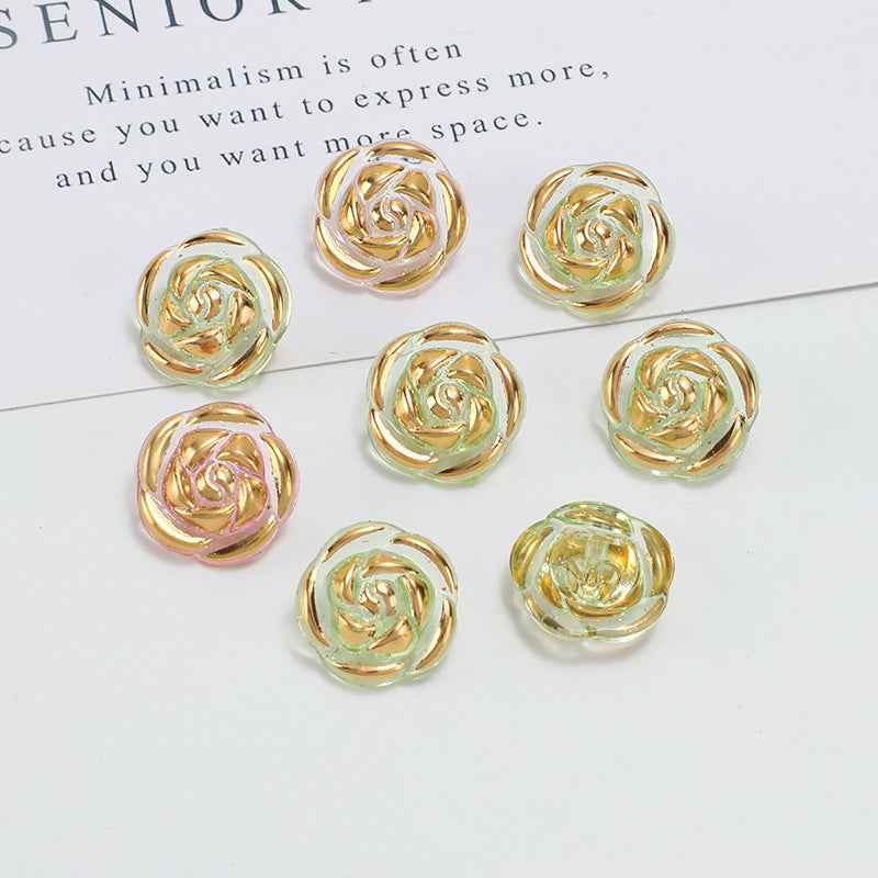 12.5mm acrylic rose buttons, green and gold iridescent swirl design