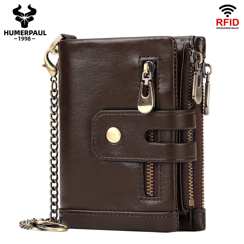 Genuine Leather Short Wallet with RFID Protection Tri-Fold Purse Dark Brown