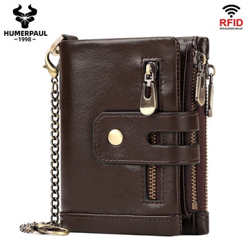 Genuine Leather Short Wallet with RFID Protection Tri-Fold Purse Dark Brown