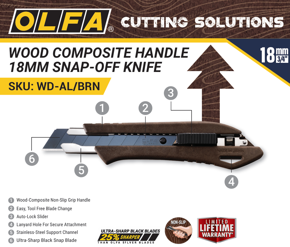 OLFA 18mm WD-AL Wood Composite Auto-Lock Utility Knife