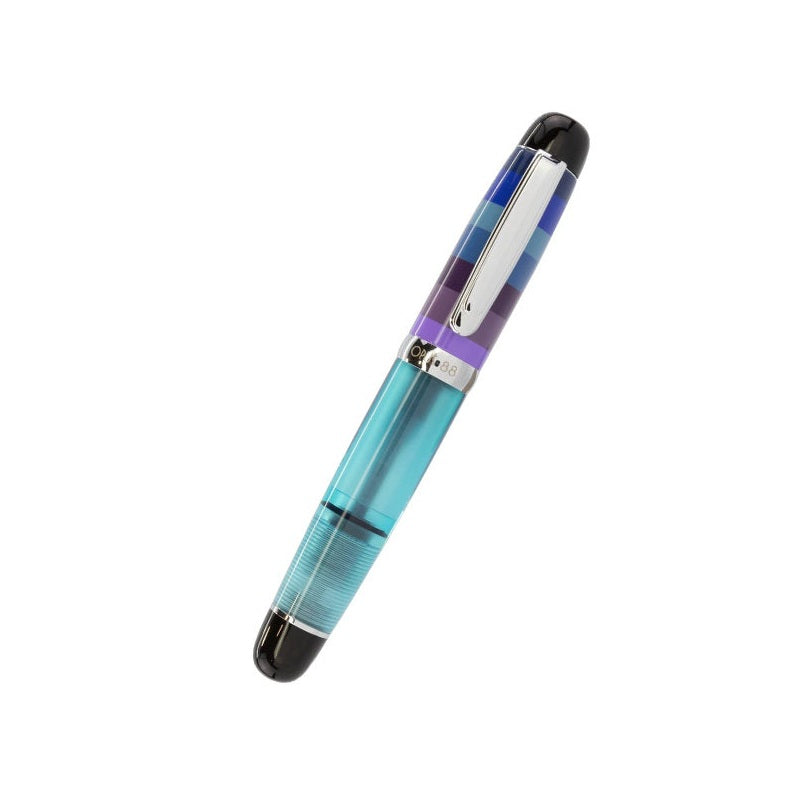OPUS 88 Mini Pocket Fountain Pen - Traditional Eyedropper Filling, Clear Acrylic Demonstrator, Stainless Steel Nib Blue Strap
