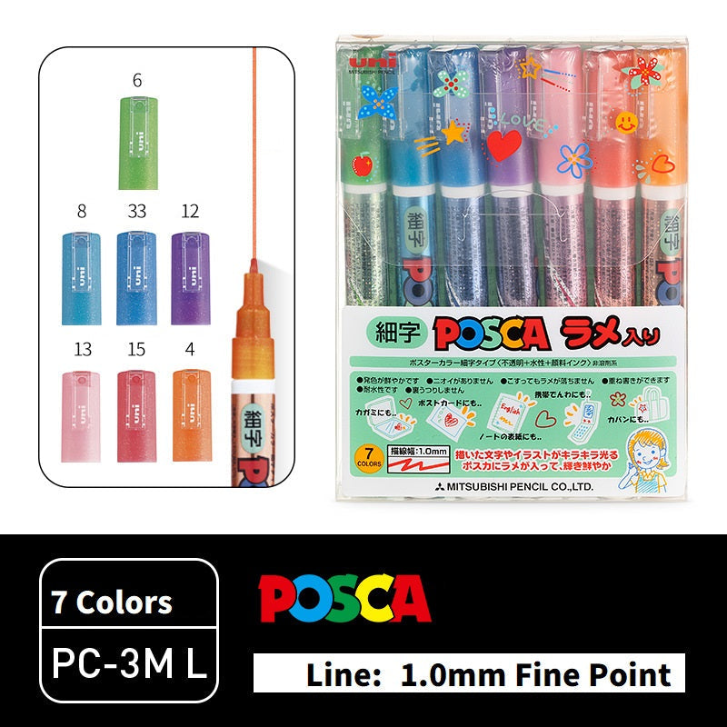 Uni Posca Glitter Paint Marker PC-3ML - Fine Point - 7 Colors Set