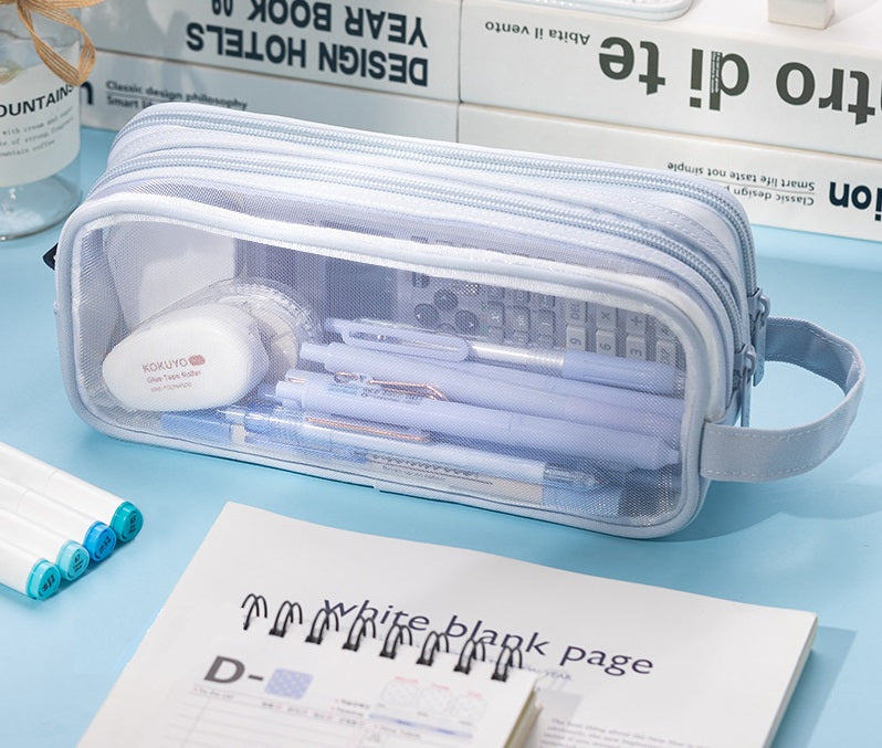 Angoo Mesh Transparent Pencil Case Large Capacity School Supply Organizer Light Blue