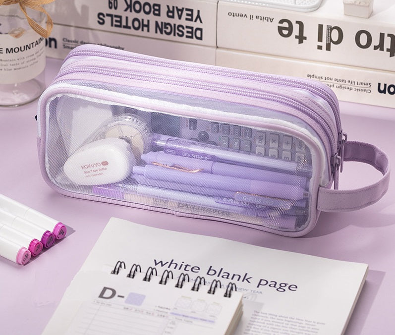 Angoo Mesh Transparent Pencil Case Large Capacity School Supply Organizer Light Purple