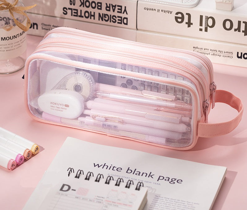 Angoo Mesh Transparent Pencil Case Large Capacity School Supply Organizer Light Pink