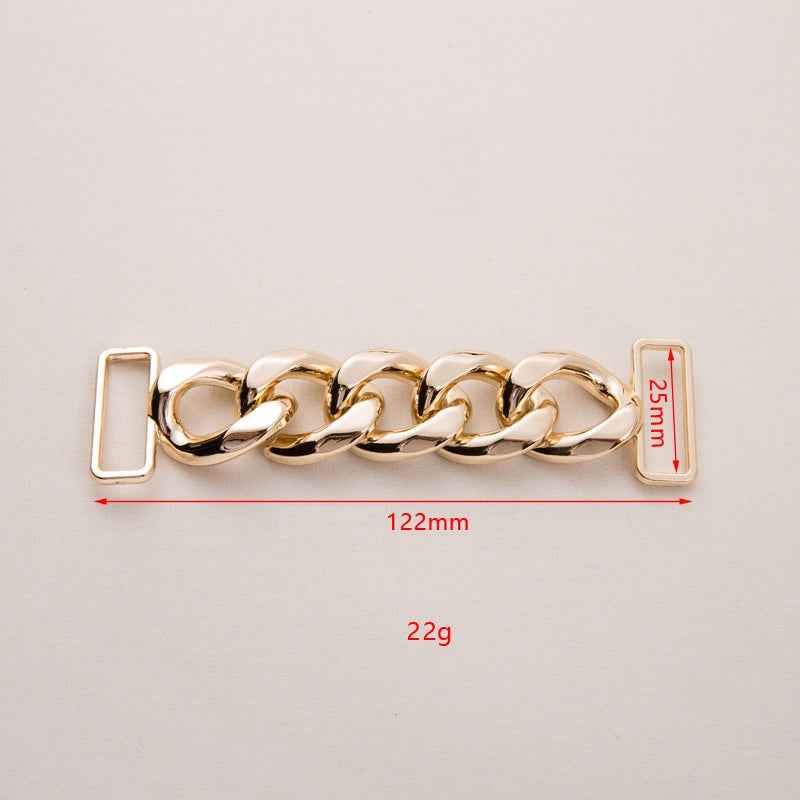 Decorative chain buckle, gold tone; 122mm long with link chain and rectangular prongs