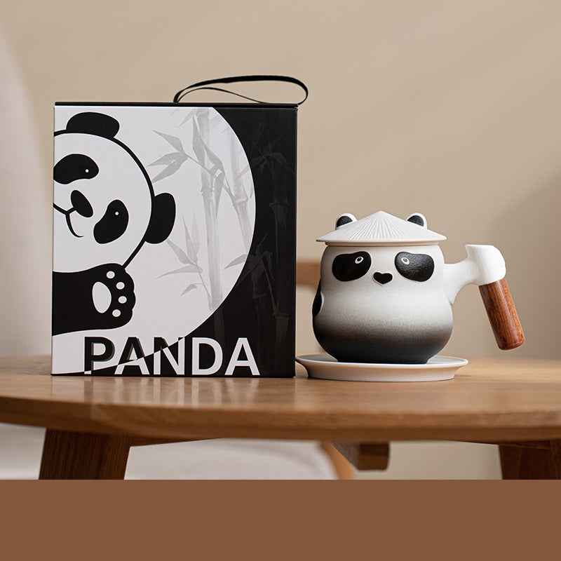 11oz Panda Tea Mug with Infuser and Lid Strainer Coaster Black White