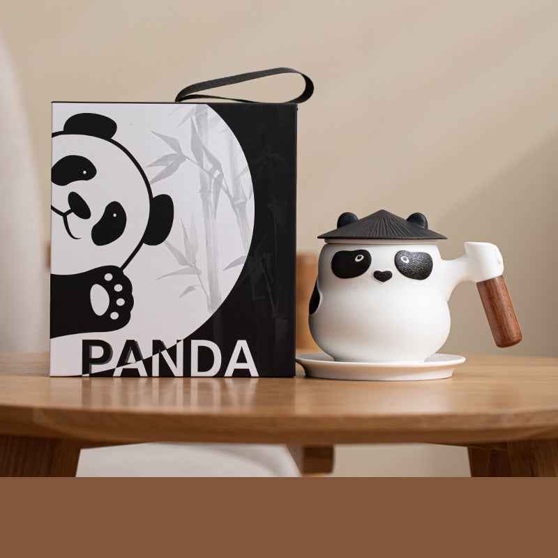 11oz Panda Tea Mug with Infuser and Lid Strainer Coaster White Black