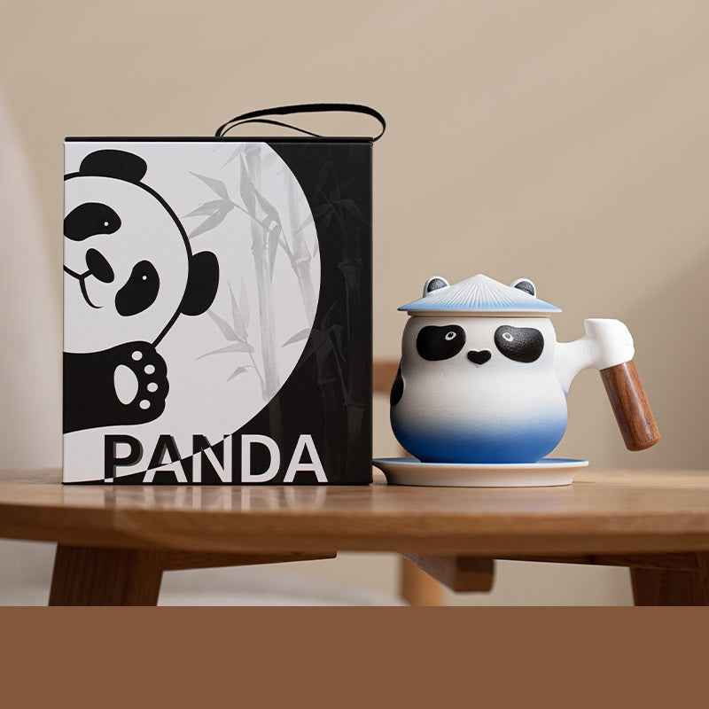 11oz Panda Tea Mug with Infuser and Lid Strainer Coaster Blue White