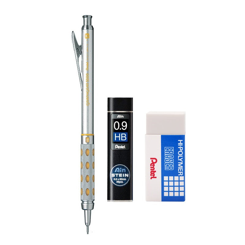 Pentel Graphgear 1000 MechanIcal Pencil Set with Leads Eraser 0.9mm Yellow