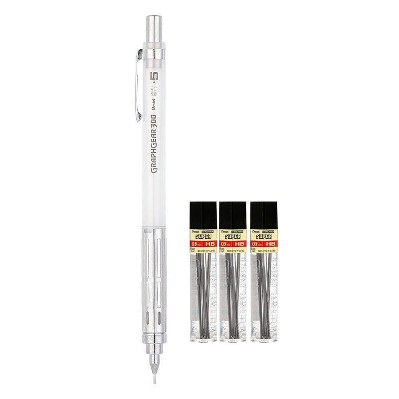 Pentel Arts GraphGear 300 Mechanical Pencil,0.5mm with 3 Leads White