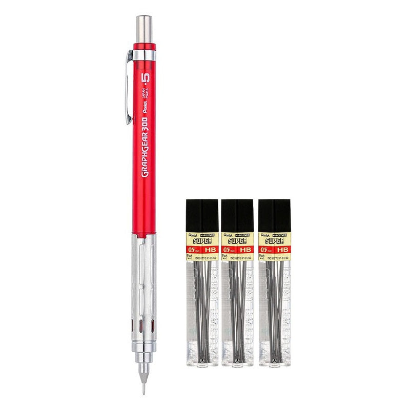 Pentel Arts GraphGear 300 Mechanical Pencil,0.5mm with 3 Leads Red
