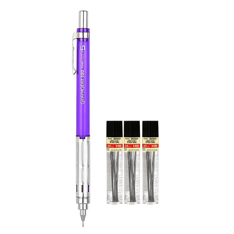 Pentel Arts GraphGear 300 Mechanical Pencil,0.5mm with 3 Leads Purple