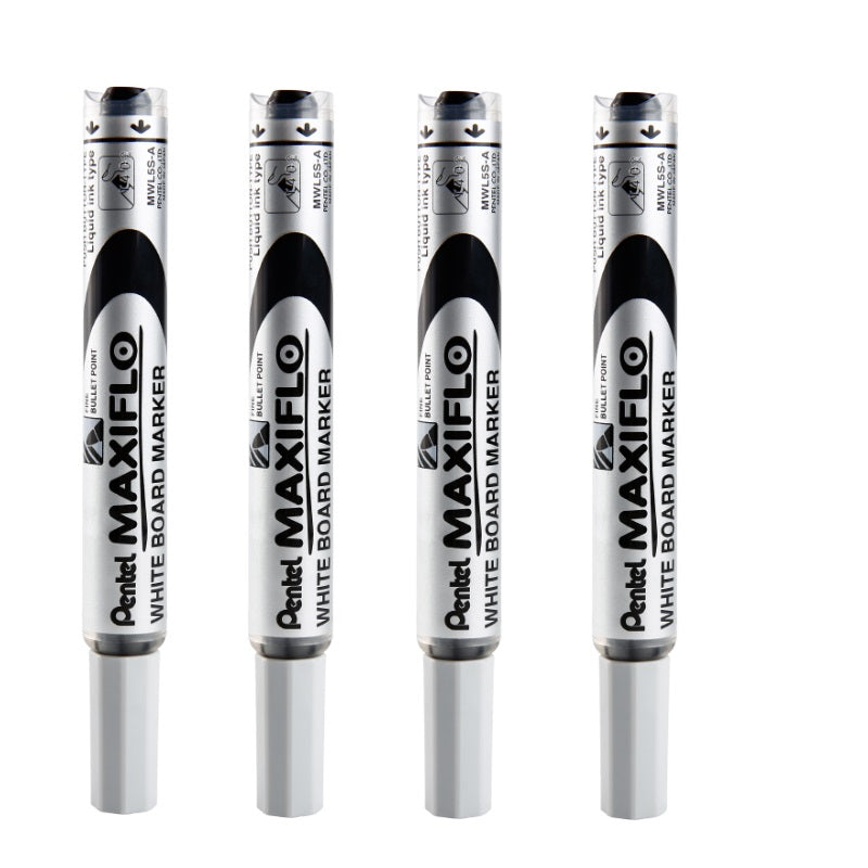 Pentel Maxiflo Whiteboard Marker Pen 4.0MM Bullet Tip MWL5S 4 Pack 4 Black