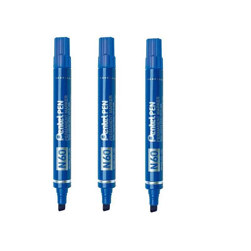 Pentel N60 Permanent Marker Pen Chisel Tip 3 Pack 3 Blue