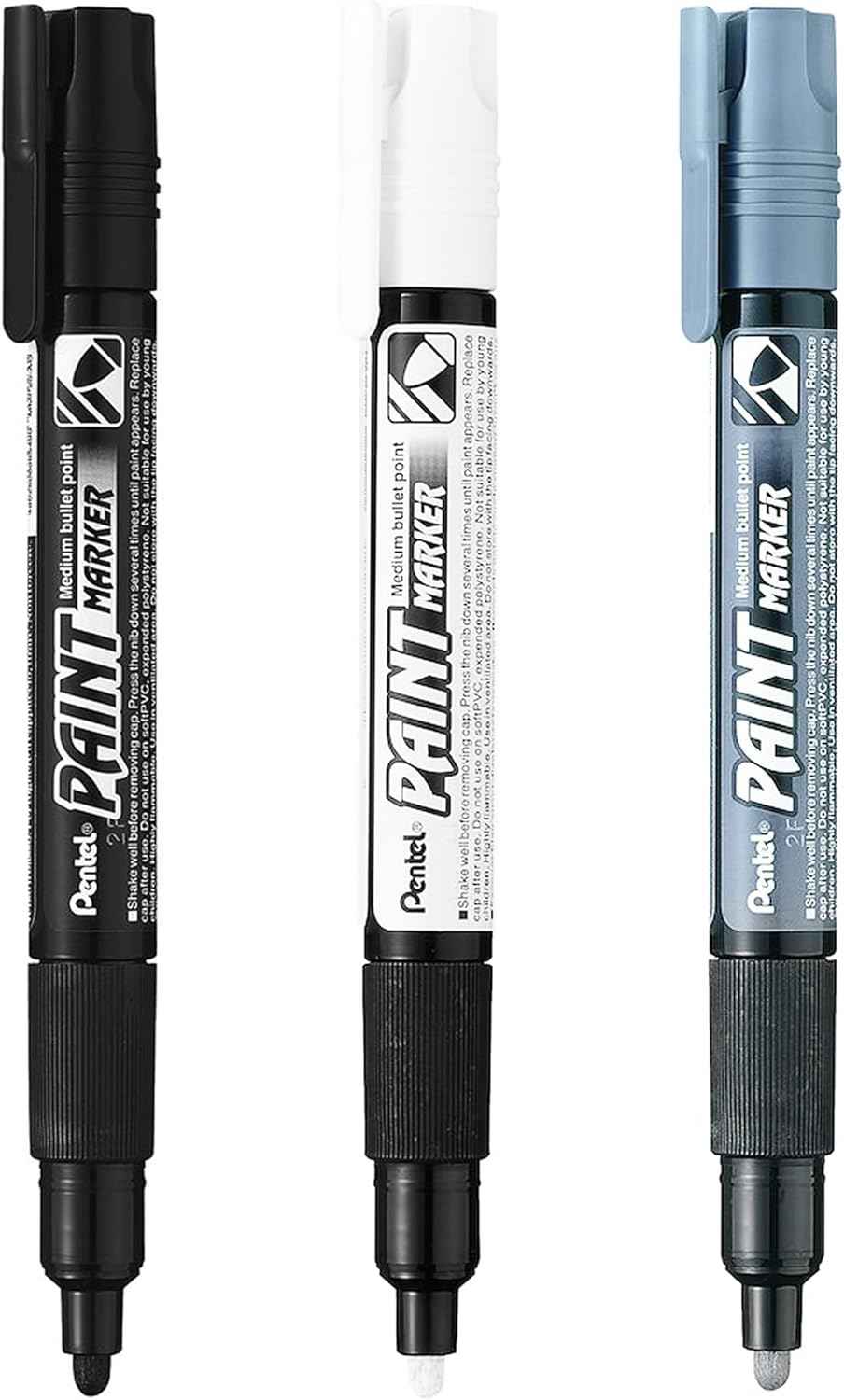 Pentel Permanent Cellulose Paint Marker Pens 4.0mm- MMP20 - Pack of 3 Black Grey White