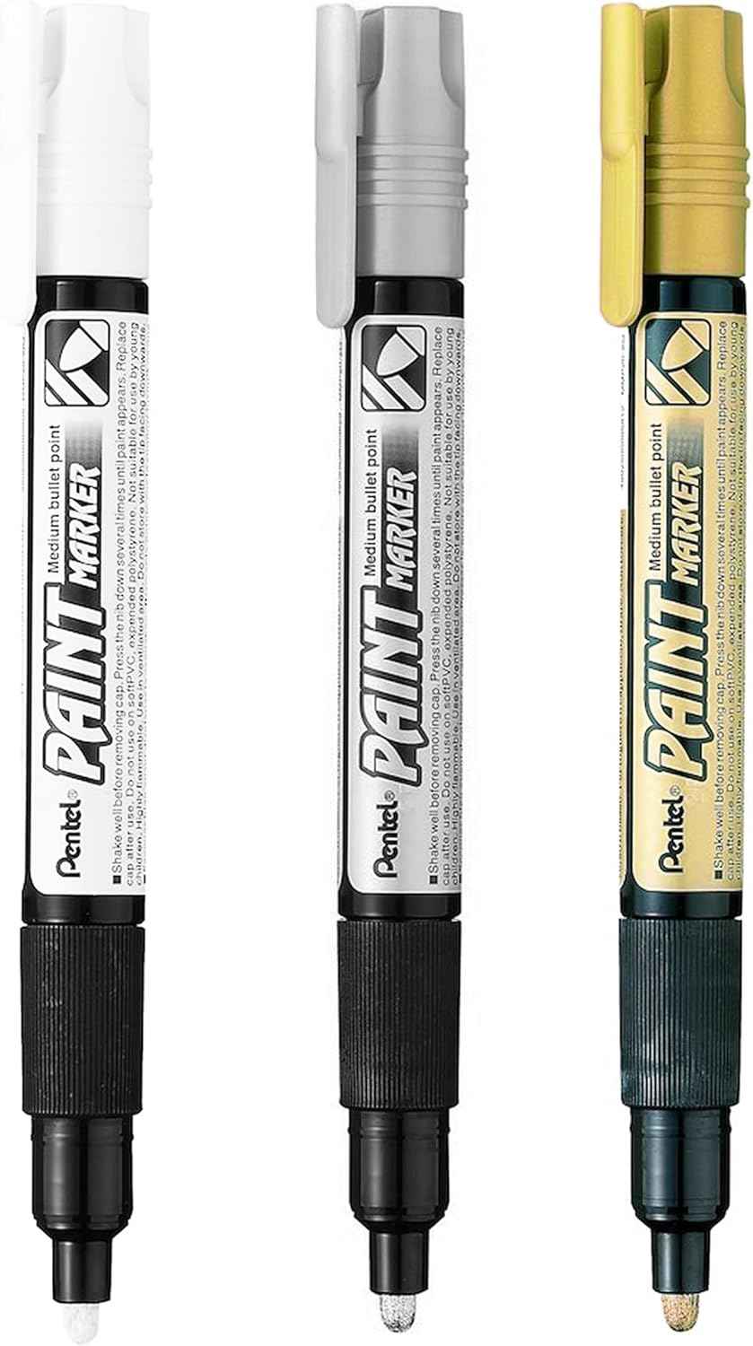 Pentel Permanent Cellulose Paint Marker Pens 4.0mm- MMP20 - Pack of 3 Gold Silver White