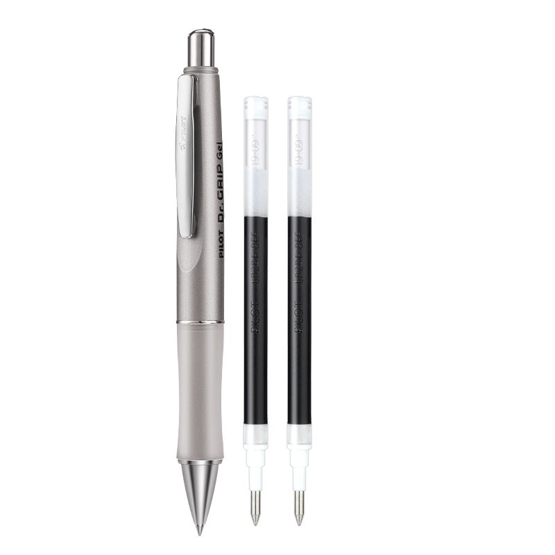 Pilot Dr. Grip Retractable Rolling Ball Gel Pen 0.5mm with 2 Black Ink Refills Metal Silver