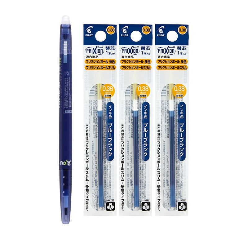 Pilot Frixion Ball Slim Erasable Gel Pen 0.38mm with 3 Refills Blue Black