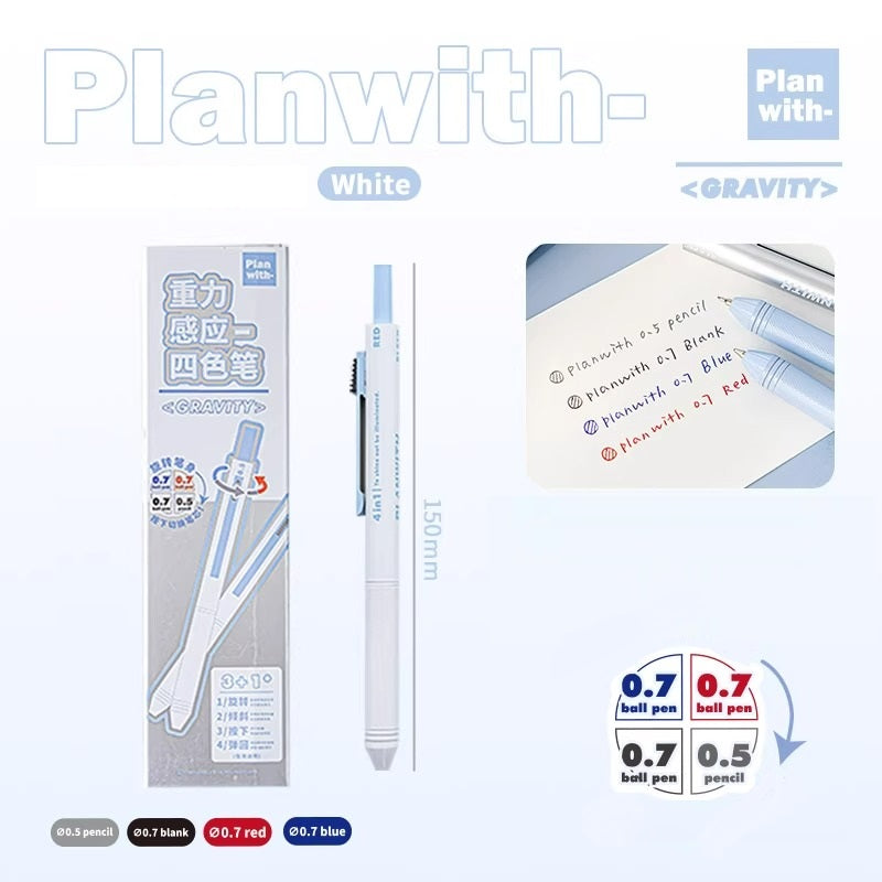 Planwith 4in1 Gravity Multi-Pen 0.7mm Ballpoint 0.5mm Mechanical Pencil White