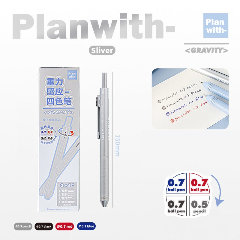 Planwith 4in1 Gravity Multi-Pen 0.7mm Ballpoint 0.5mm Mechanical Pencil Silver