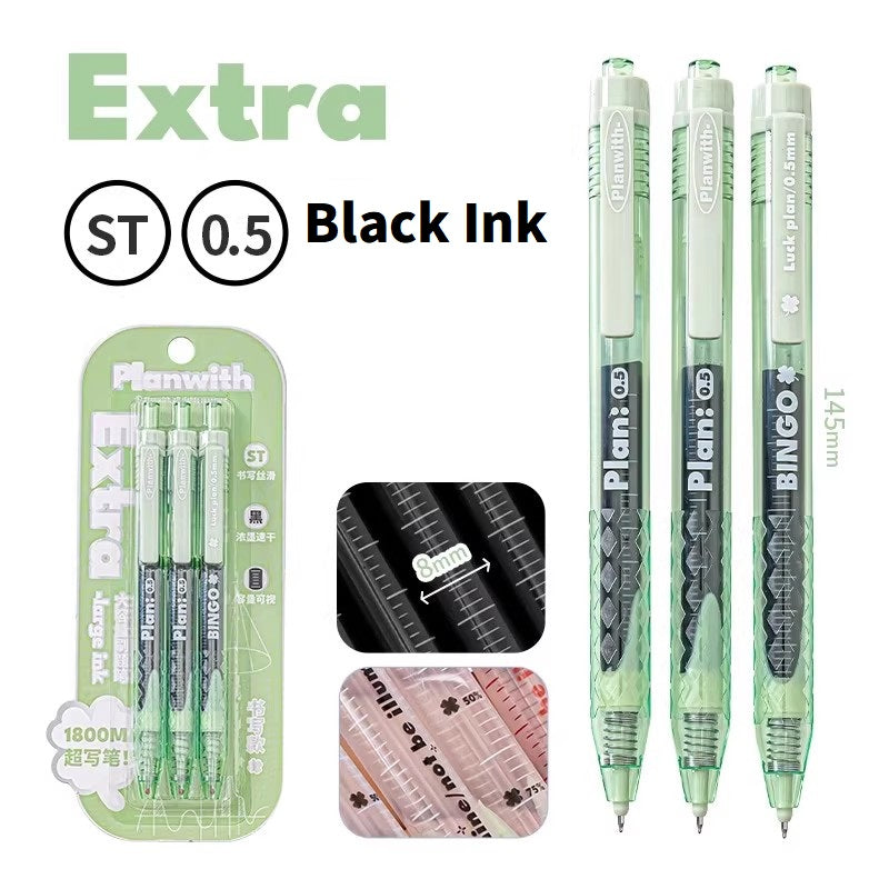 Planwith Clicker Gel Pen 0.5mm High Capacity Quick-Drying 3-Pack Black Red Blue