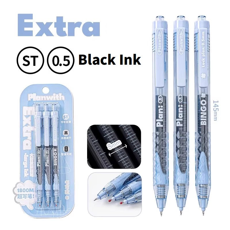Planwith Clicker Gel Pen 0.5mm High Capacity Quick-Drying 3-Pack 3 Black B