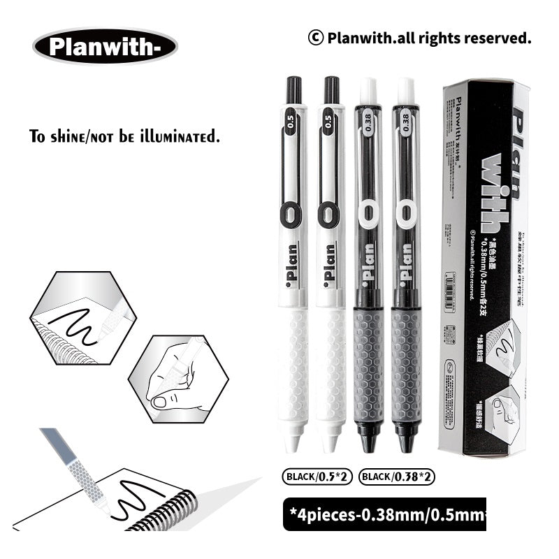 Planwith Clicker Gel Pen - Black Ink, Hexagonal Soft Grip - 4-Pack Black