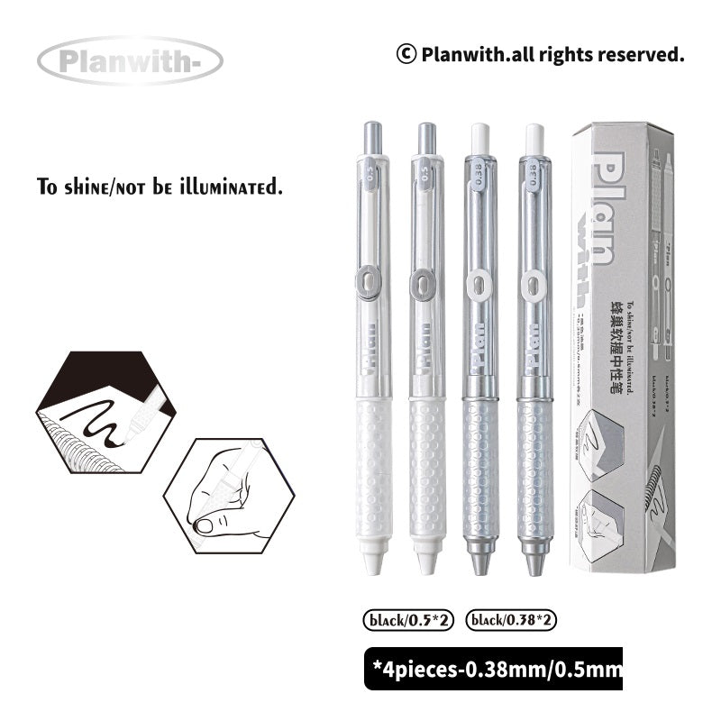 Planwith Clicker Gel Pen - Black Ink, Hexagonal Soft Grip - 4-Pack Silver