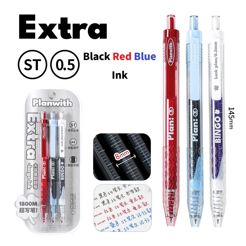 Planwith Clicker Gel Pen 0.5mm High Capacity Quick-Drying 3-Pack Black Red Blue
