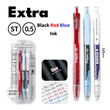 Planwith Clicker Gel Pen 0.5mm High Capacity Quick-Drying 3-Pack Black Red Blue