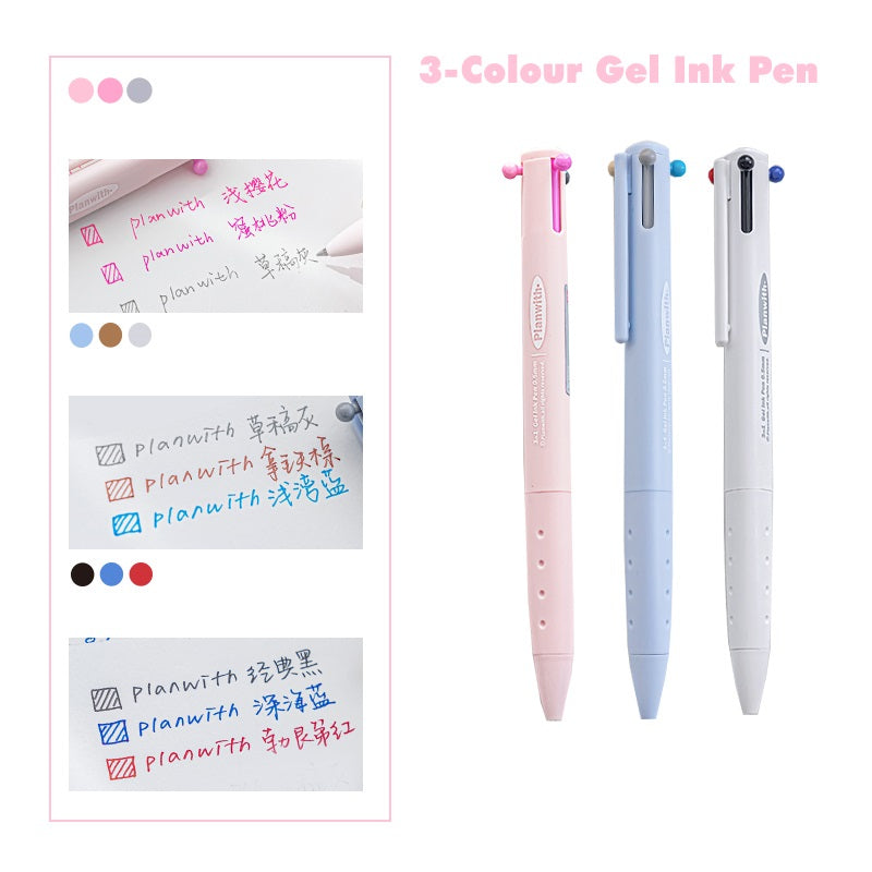 Planwith Triple-Color Gel Ink Clicker Pen 0.5MM 3 Pack(Pink+Blue+White)