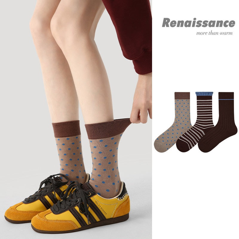 Women’s 3-pack princess socks: beige blue polka dots, brown/white stripes, dark brown solid