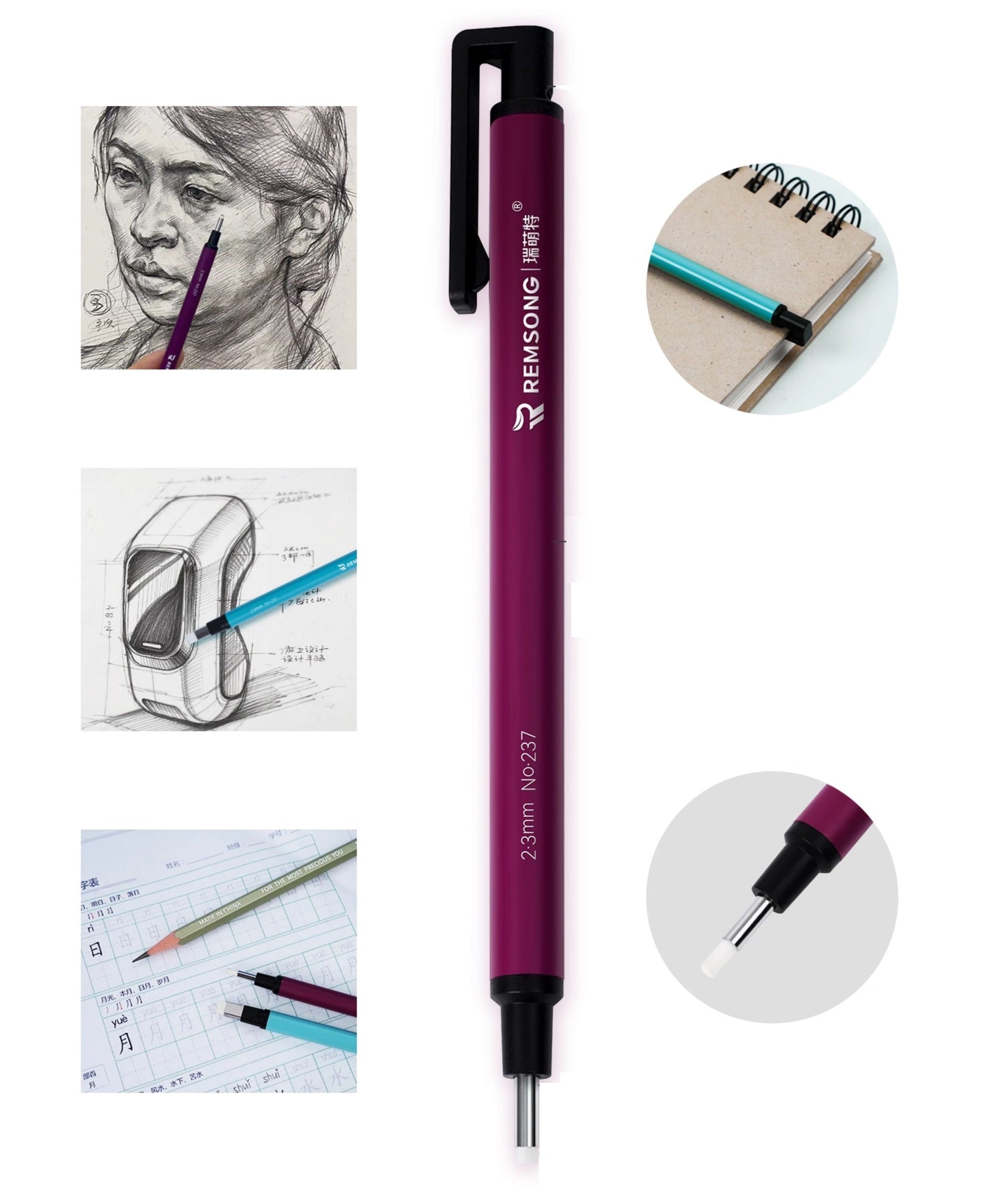 REMSONG Pen Style Eraser with Refills,Square & Round Tip