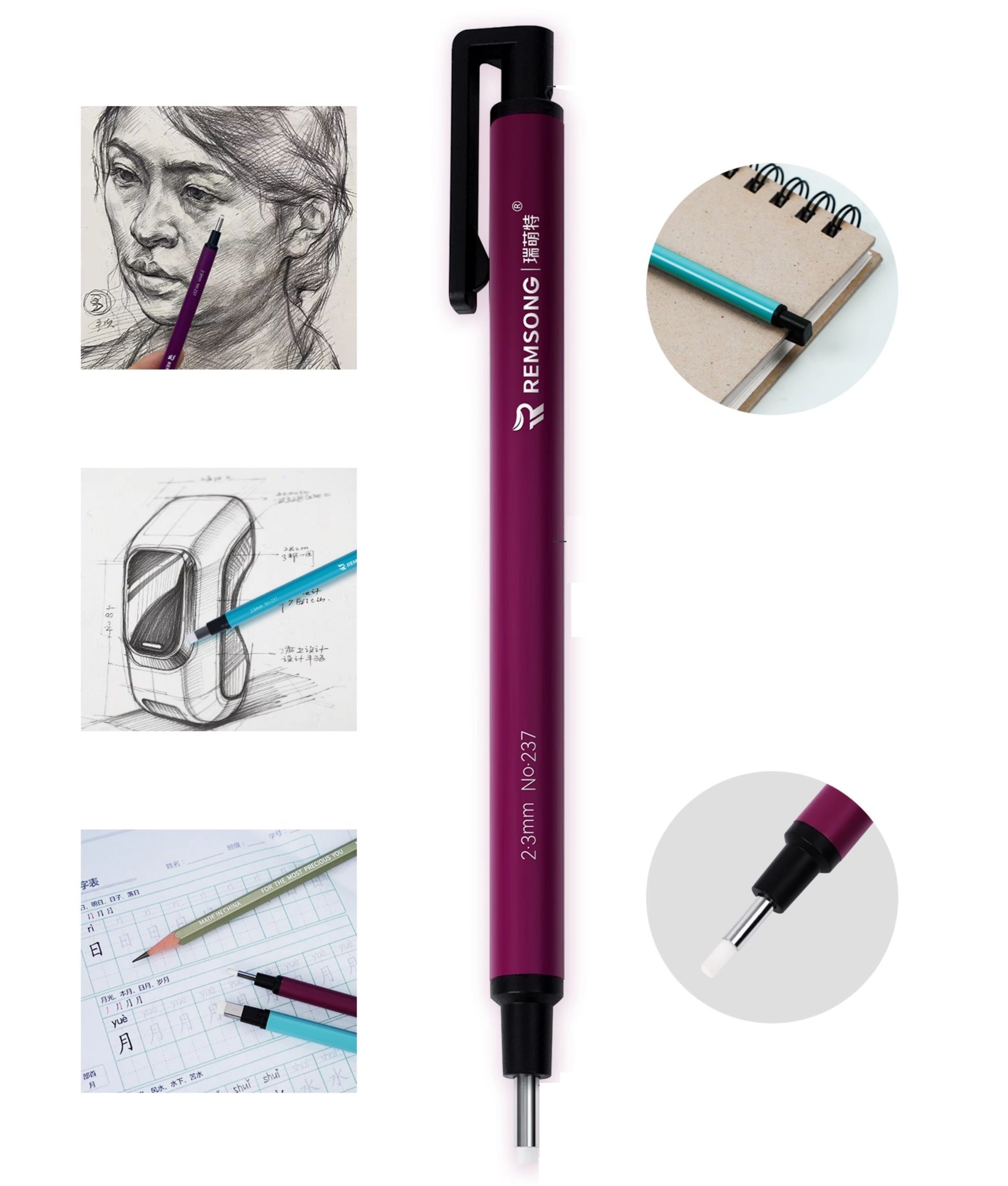 REMSONG Pen Style Eraser with Refills,Square & Round Tip