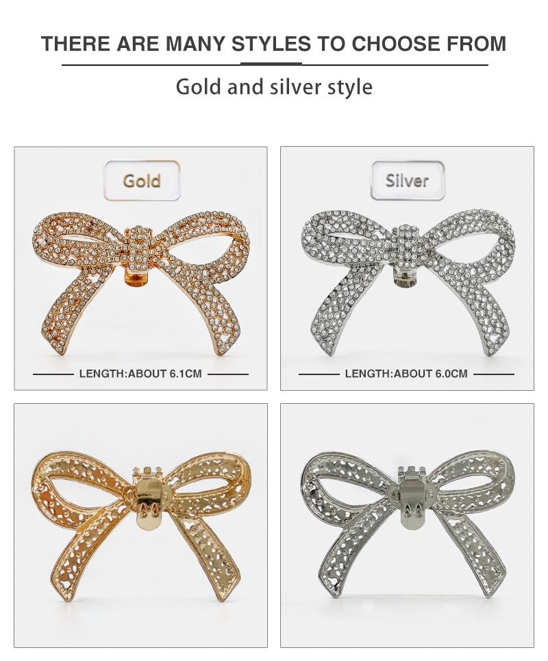 Rhinestone shoe bow clips 4 pack: gold and silver color options shown, assorted styles
