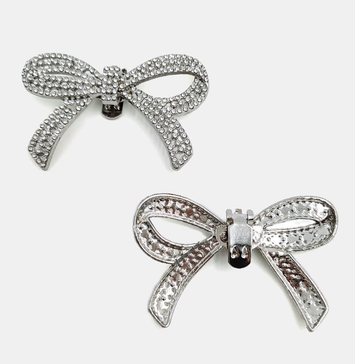 Silver rhinestone bow detachable clips with metal back clips, 2 pieces shown