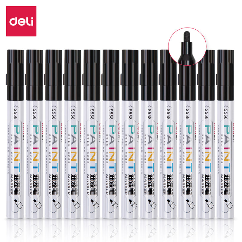 DELI 12pcs Paint Art Marker Pens Oil Based for Metal Rock Canvas Black