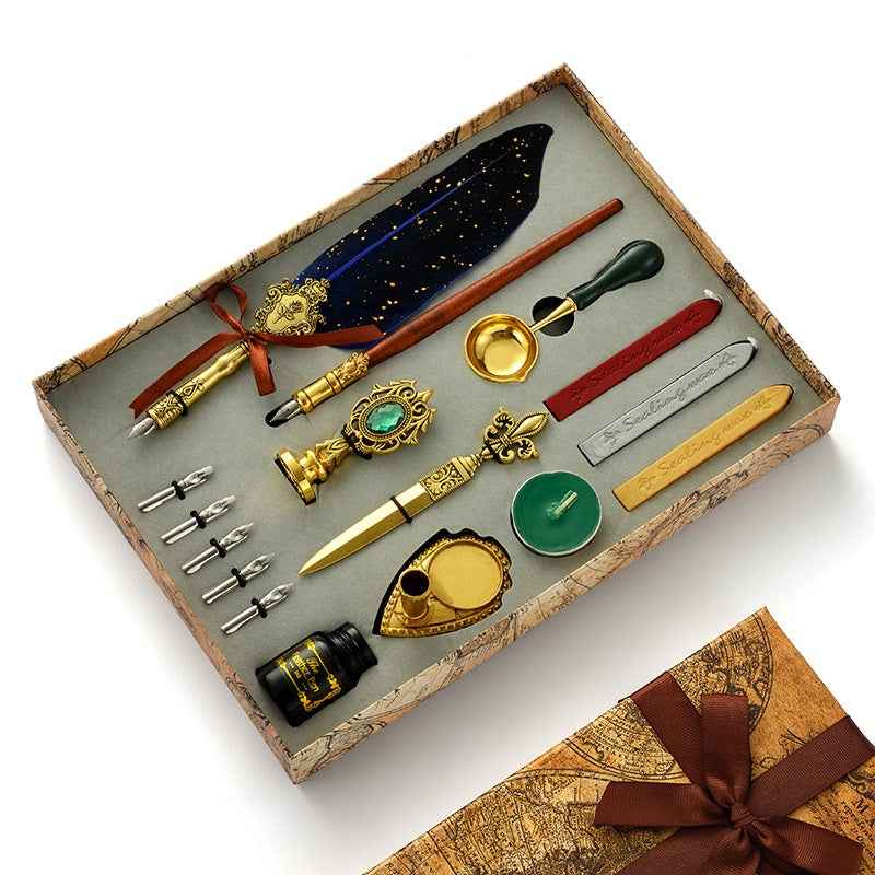 Calligraphy Feather Quill Pen and Ink Set Blue