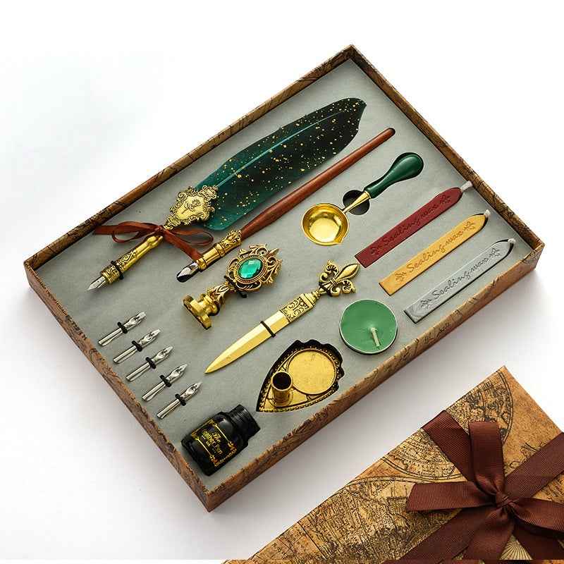Calligraphy Feather Quill Pen and Ink Set Green