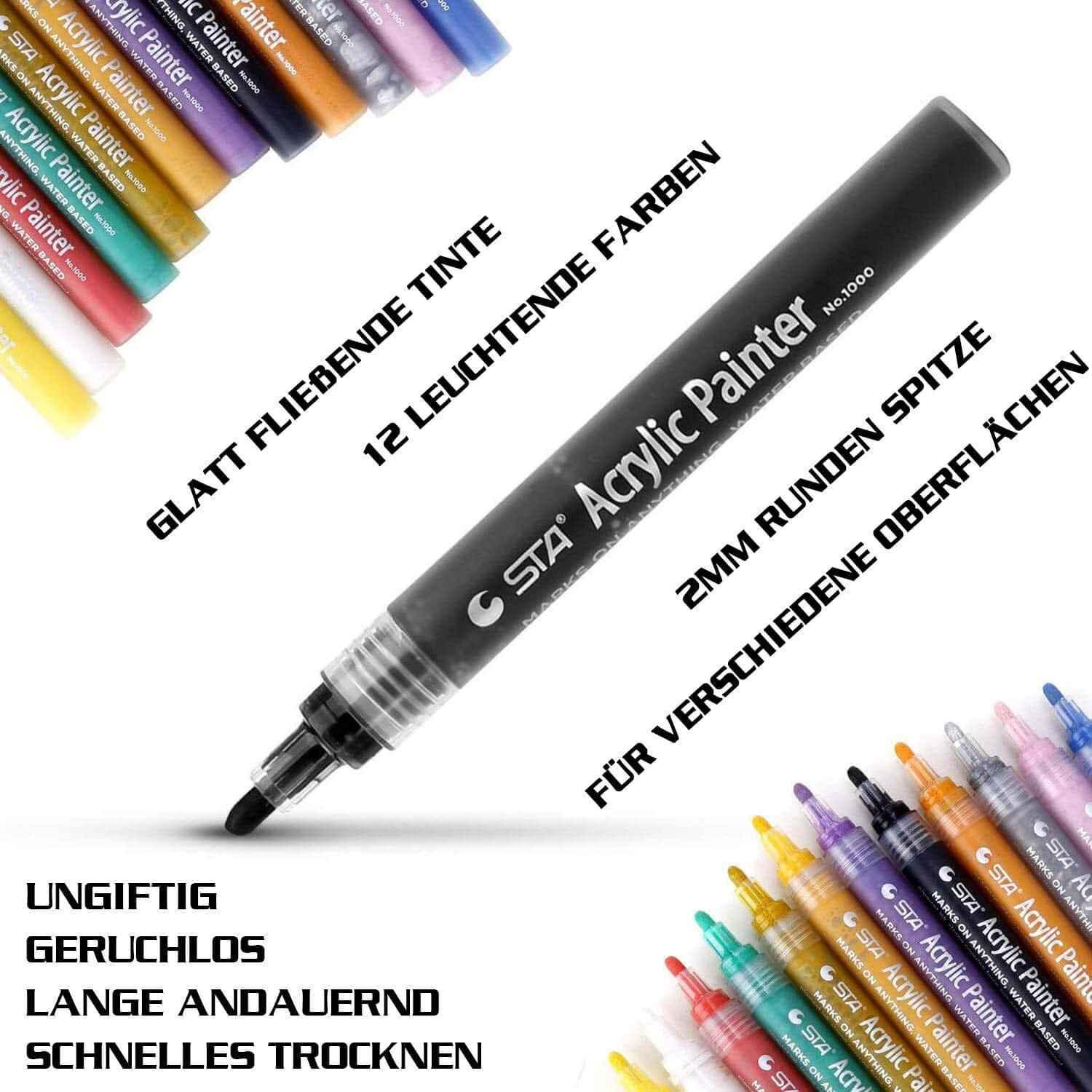 STA 1000 Acrylic Painter Marker Pens 12 Color for Glass Rock Wood Canvas